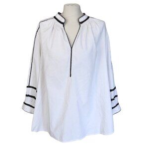 Pure Jill White Textured Cotton Tunic Top 2X Black Embroidered Trim Boho Gauze